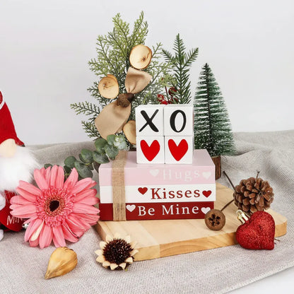 Wooden Heart Shelf Sign Valentine's Book Stack Tabletop Decor
