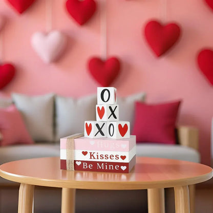 Wooden Heart Shelf Sign Valentine's Book Stack Tabletop Decor