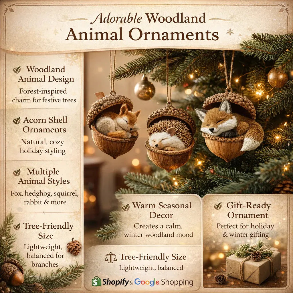 Woodland Acorn Animal Tree Christmas Ornament Decor Set