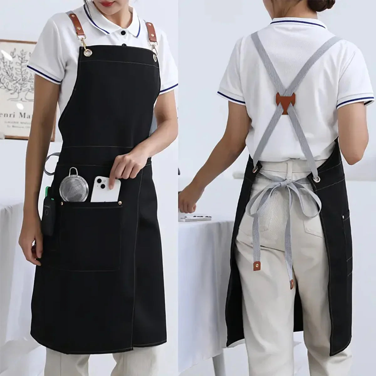 WorkEase Waterproof Canvas Apron with Pockets and Split Skirt Design