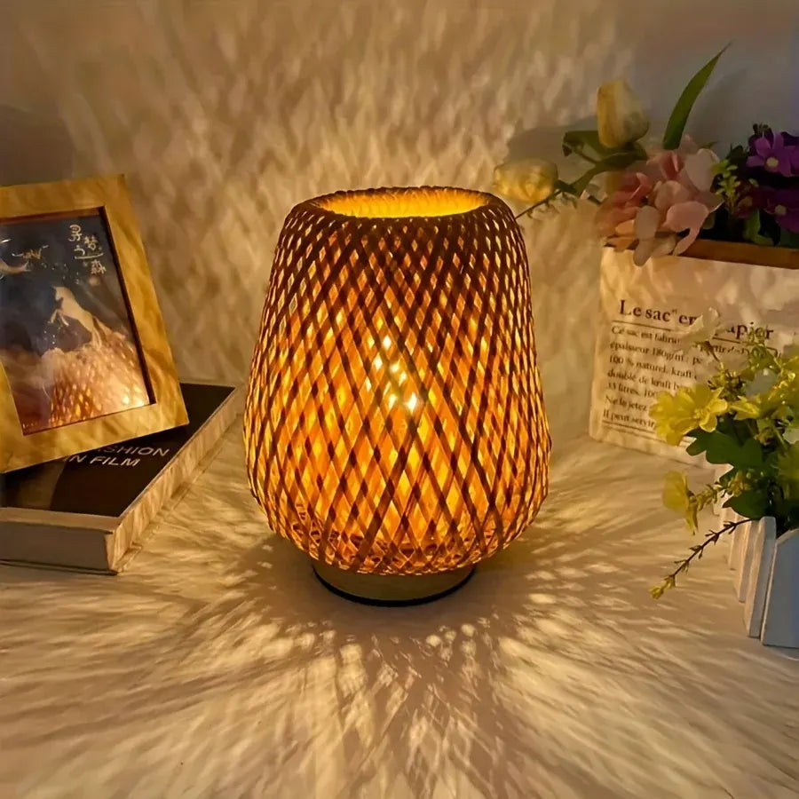 Woven Bamboo Bedside Lamp | Dimmable USB Table Light, Handcrafted
