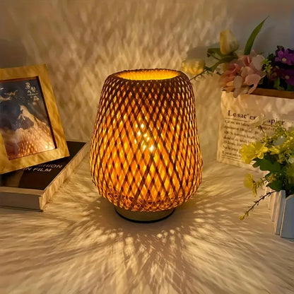 Woven Bamboo Bedside Lamp | Dimmable USB Table Light, Handcrafted