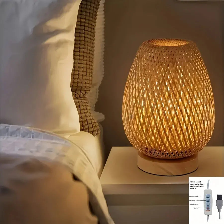 Woven Bamboo Bedside Lamp | Dimmable USB Table Light, Handcrafted