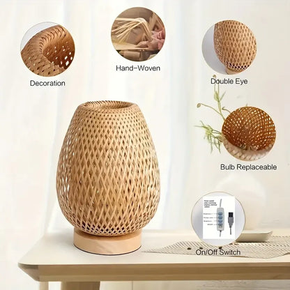 Woven Bamboo Bedside Lamp | Dimmable USB Table Light, Handcrafted