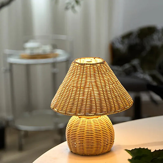 Woven Bamboo Desk Lamp with USB-Powered Boho Ambient Lighting